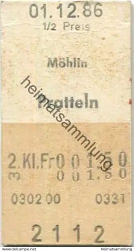 Schweiz - Möhlin Pratteln einfach - Fahrkarte 1/2 Preis 1986