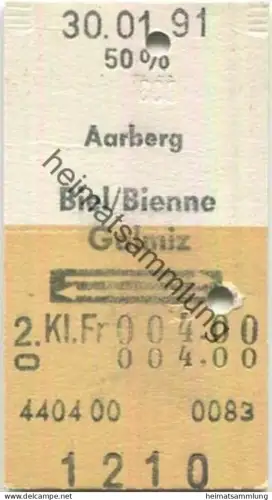 Schweiz - Aarberg Biel/Bienne Galmiz retour - Fahrkarte 50% 1991