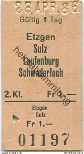 Schweiz - Etzgen Sulz Laufenburg Schwaderloch einfach - Fahrkarte 1986