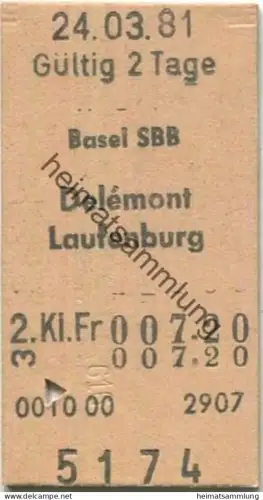 Schweiz - Basel SBB Delemont Laufenburg einfach - Fahrkarte 1981