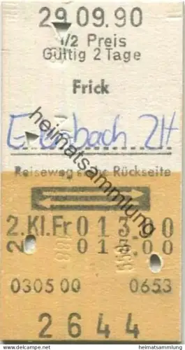 Schweiz - Frick Erlenbach ZH retour - Fahrkarte 1/2 Preis 1990