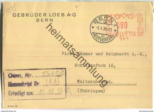 Bern - Gebrüder Loeb AG - Postkarte - gelaufen 1939
