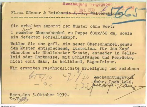 Bern - Gebrüder Loeb AG - Postkarte - gelaufen 1939