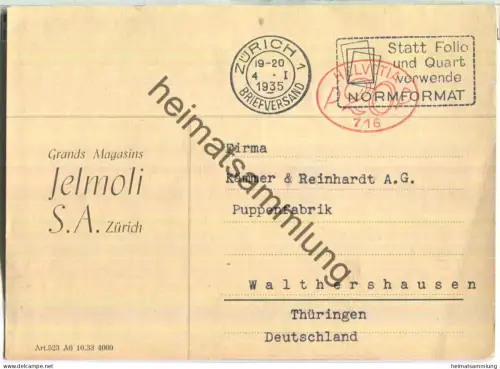 Zürich - Postkarte - Grands Magasins Jelmoli S.A. - gelaufen 1935