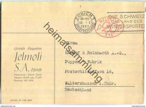 Zürich - Postkarte - Grands Magasins Jelmoli S.A. - gelaufen 1937