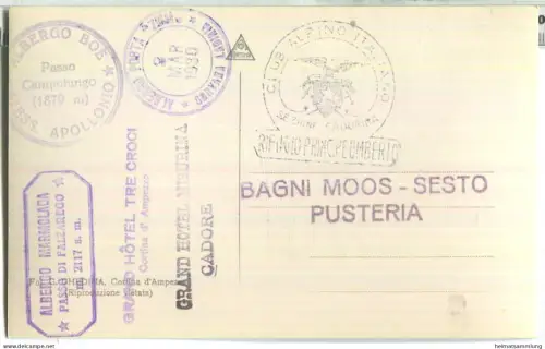 Sui Campi di Neve di Campolongo verso Monte S. Croce-Lavarella e Alpi di Zillertal - Foto-Ansichtskarte - Hüttenstempel