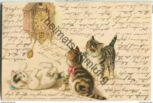 drei junge Katzen - Kuckucksuhr - Verlag Theo Stroefer Nürnberg - Aquarell-Postkarte