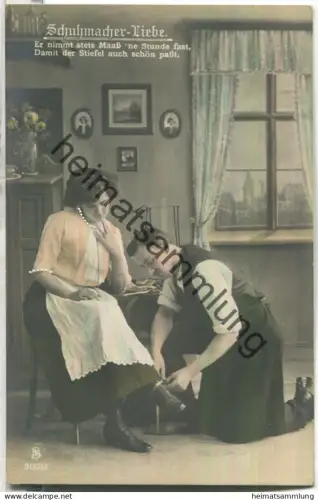 Schuhmacher - Liebe - coloriert - Verlag L. J. S. F. F. Nr. 3122/2 - Rückseite beschrieben ca. 1910