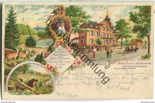 Gruss vom Waldkurhaus Johanniskreuz im Pfälzerwald - Besitzer Carl Pfaff - Verlag J. Rheinberger Dürkheim