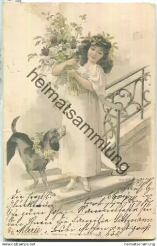 Mädchen mit Blumenstrauss - Hund - signiert M. S. M. - Verlag M. Kimmelstiel & Co. Hamburg