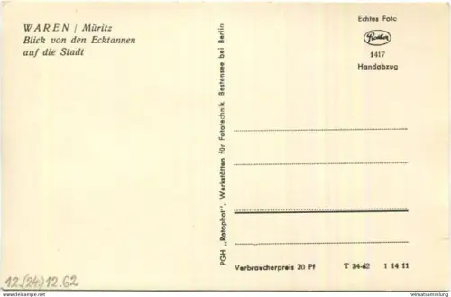 Waren - Blick von den Ecktannen 1962 - Foto-AK - Verlag Rotophot Bestensee - Handabzug