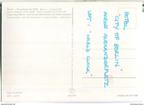 Berlin - Hotel Stadt Berlin und Urania-Weltzeituhr am Alexanderplatz - Verlag Felix Setecki Berlin