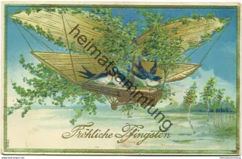 Pfingsten - Flugzeug - Schwalben - Prägedruck gel. 1911