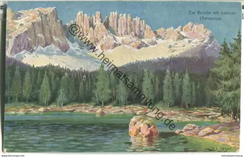 Der Karersee mit Latemar - Künstlerkarte signiert R. A. Höger  - Verlag Hans Kohler & Co. München