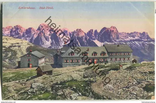 Schlernhäuser gegen die Rosengarten Dolomiten - Verlag Joh. F. Amonn Bozen