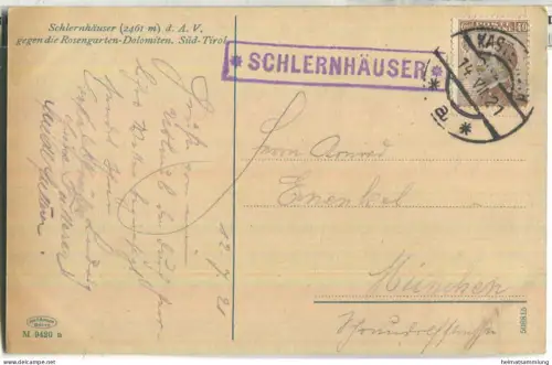 Schlernhäuser gegen die Rosengarten Dolomiten - Verlag Joh. F. Amonn Bozen