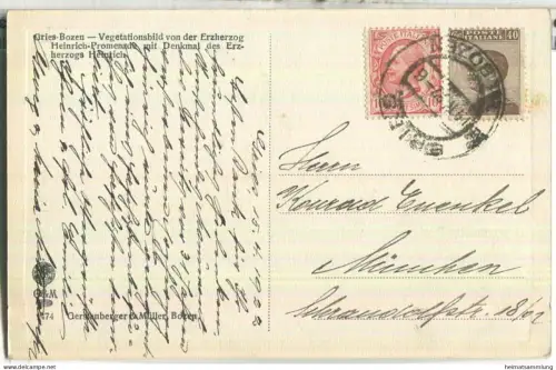 Gries Bozen - Vegetationsbild von der Erzherzog Heinrich-Promenade mit Denkmal - Verlag Gerstenberger & Müller Bozen