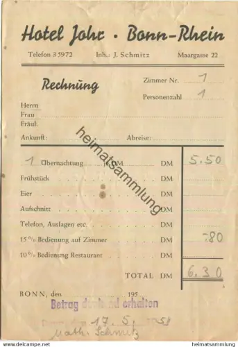 Deutschland - Bonn-Rhein - Hotel Jahr - Rechnung 1954