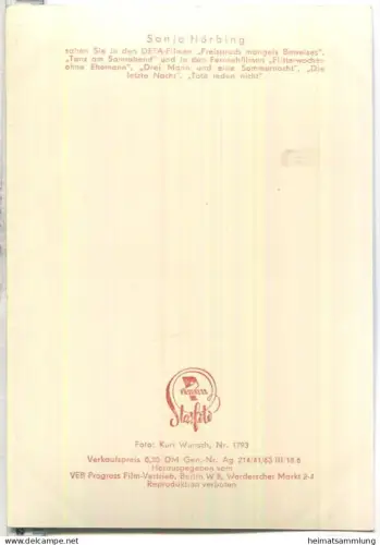 Sonja Hörbing - VEB Progress Film Vertrieb Berlin 1963 - Keine AK-Einteilung