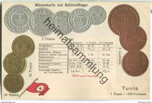 Münzkarte - Nationalflagge - Tunis - Prägedruck - ohne Verlagsangabe