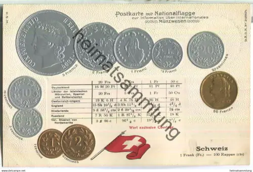 Münzkarte - Nationalflagge - Schweiz - Prägedruck - Verlag H. S. M.