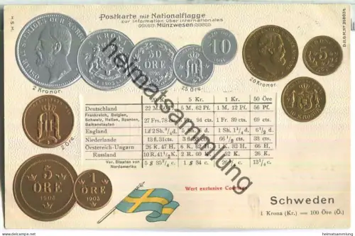 Münzkarte - Nationalflagge - Schweden - Prägedruck - Verlag H. S. M.