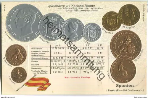 Münzkarte - Nationalflagge - Spanien - Prägedruck - Verlag H. S. M.