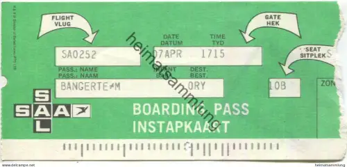 SAL SAA - South African Airways-Suid-Afrikaanse Lugdiens - Boarding Pass 1974
