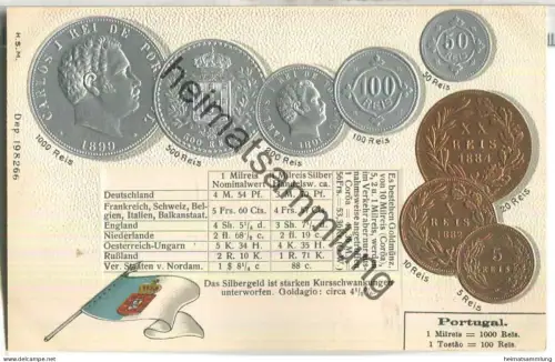 Münzkarte - Nationalflagge - Portugal - Prägedruck - Verlag H. S. M.