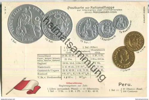 Münzkarte - Nationalflagge - Peru - Prägedruck - Verlag H. S. M.