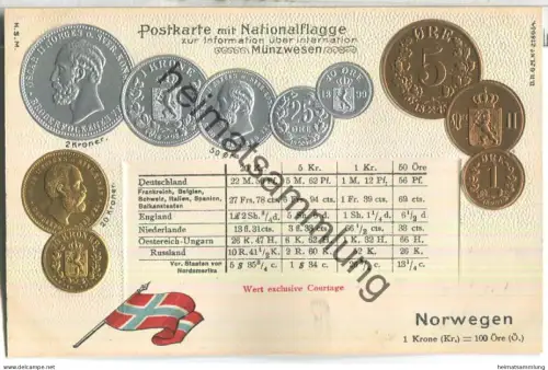 Münzkarte - Nationalflagge - Norwegen - Prägedruck - Verlag H. S. M.