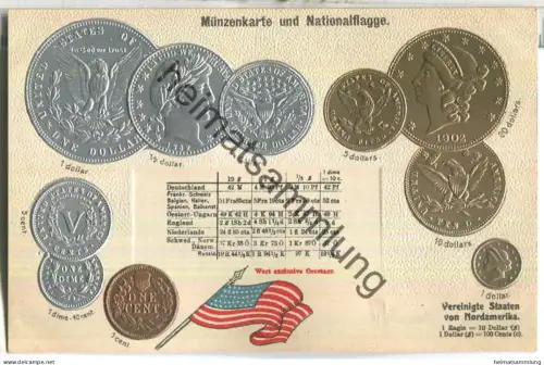 Münzkarte - Nationalflagge - USA - Prägedruck - ohne Verlagsangabe