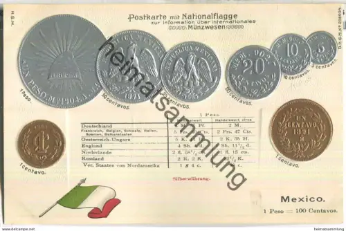 Münzkarte - Nationalflagge - Mexico - Prägedruck - Verlag H. S. M.