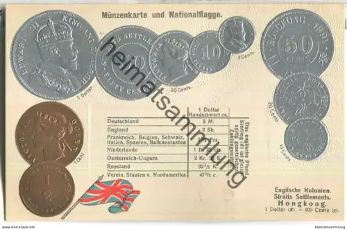Münzkarte - Nationalflagge - Hongkong - Prägedruck - Verlag H. S. M.