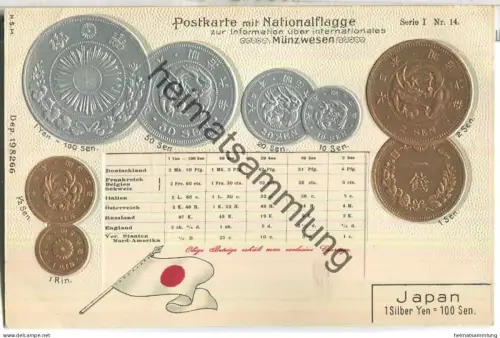 Münzkarte - Nationalflagge - Japan - Prägedruck - Verlag H. S. M.