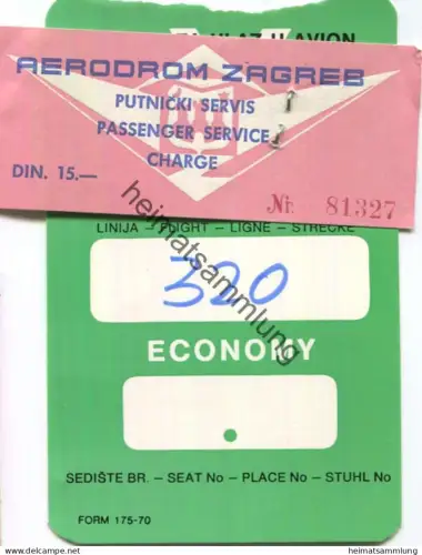 Boarding Pass - Aerodrom Zagreb - Passagier-Steuer Din 15 - Yugoslavia