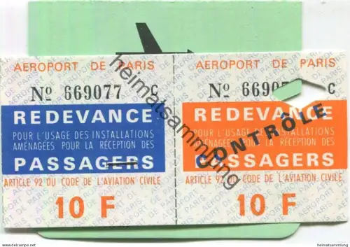 Frankreich - Aeroport de Paris - Redevance Passagers 10 F - Passagier-Steuer