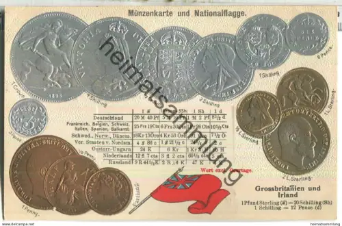 Münzkarte - Nationalflagge - Grossbritannien - Irland - Prägedruck - Verlag H. S. M.