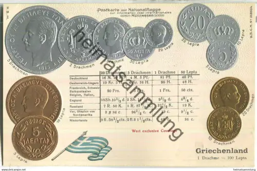 Münzkarte - Nationalflagge - Griechenland - Prägedruck - Verlag H. S. M.
