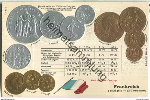 Münzkarte - Nationalflagge - Frankreich - Prägedruck - Verlag H. S. M.