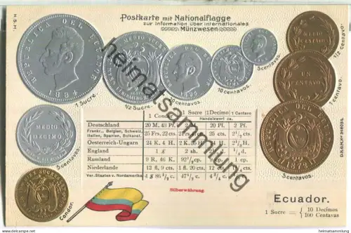 Münzkarte - Nationalflagge - Ecuador - Prägedruck - Verlag H. S. M.