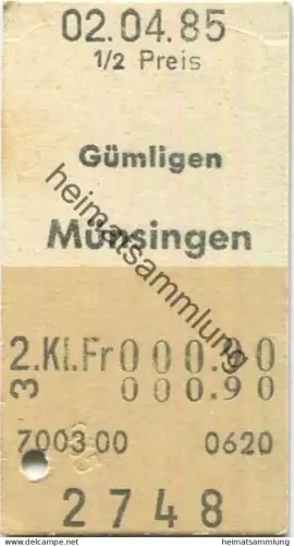 Schweiz - Gümligen Münsingen einfach - Fahrkarte 1/2 Preis 1985