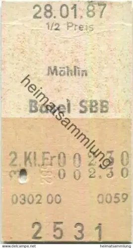 Schweiz - Möhlin Basel SBB einfach - Fahrkarte 1/2 Preis 1987