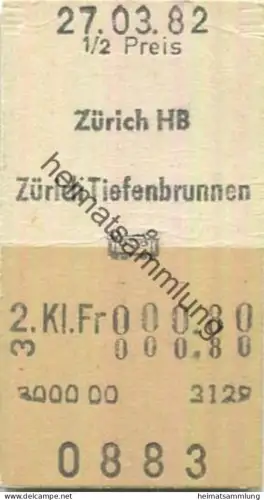Schweiz - Zürich HB Zürich Tiefenbrunnen einfach - Fahrkarte 1/2 Preis 1982