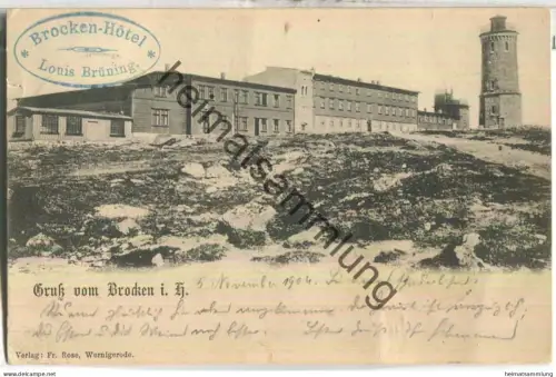 Brocken - Hotel - Verlag Fr. Rose Wernigerode - Bahnpost - gel. 1904