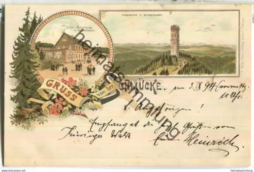 Schmücke - Hotel A. Reichenbach - Schneekopfthurm - Verlag H. Metz Tübingen - gel. 1894