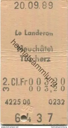 Schweiz - Le Landeron Neuchatel Tüscherz einfach - Fahrkarte 1989