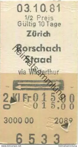 Schweiz - Zürich Rorschach Staad via Winterthur retour - Fahrkarte 1/2 Preis 1981