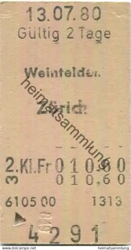 Schweiz - Weinfelden Zürich einfach - Fahrkarte 1980