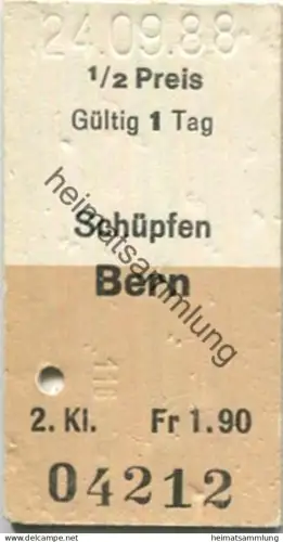 Schweiz - Schüpfen Bern einfach - Fahrkarte 1/2 Preis 1988